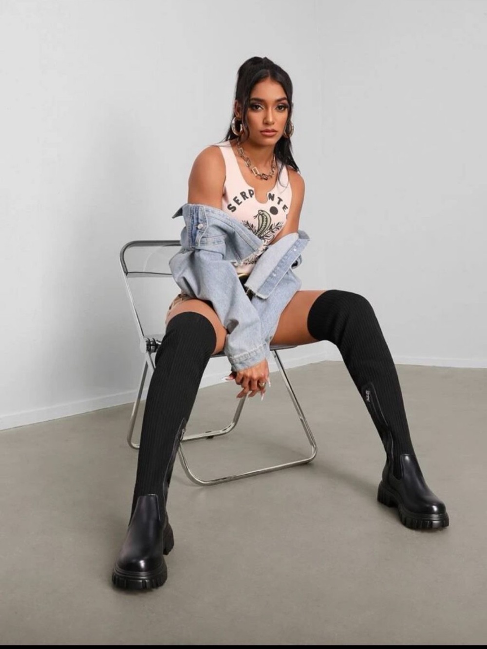 Over-the-Knee Ribbed Sock Boots - Black